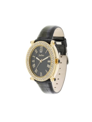 Model No A000470W-002 Fashion Black Alloy Japanese Quartz Round Genuine Leather Women's Watch 24-27.5mm
