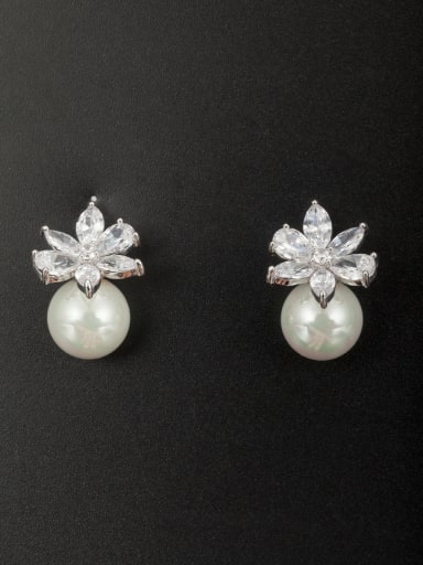 White color Platinum Plated Copper Flower Pearl Drop drop Earring
