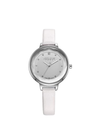 Model No A000460W-002 Fashion White Alloy Japanese Quartz Round Genuine Leather Women's Watch 24-27.5mm
