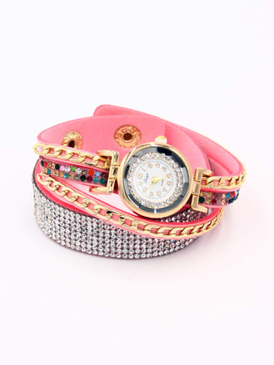 Fashion Pink Alloy Quartz Round Faux Leather Women's Watch 24-27.5mm