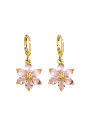 Pink Brass Cubic Zirconia Flower Minimalist Huggie Earring