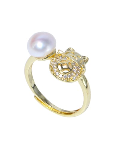 Brass Freshwater Pearl Cat Vintage Band Ring
