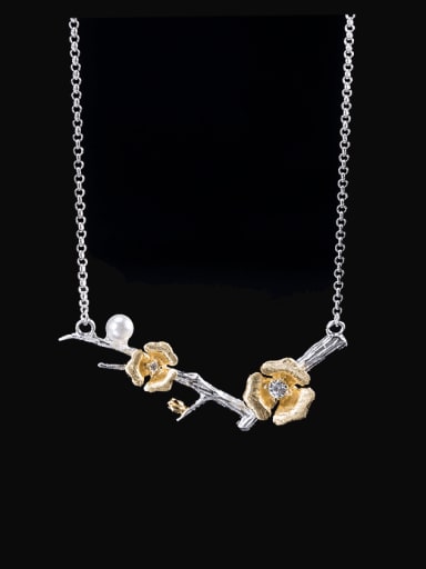 925 Sterling Silver Imitation Pearl Flower Vintage Necklace