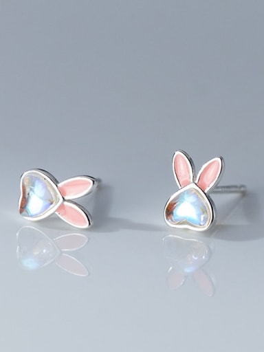White Glaze Pink 925 Sterling Silver Cubic Zirconia Rabbit Cute Stud Earring