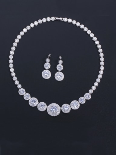 Platinum white zirconium Brass Cubic Zirconia Luxury Round  Earring and Necklace Set