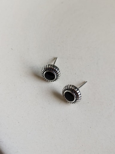 925 Sterling Silver Black Enamel Geometric Vintage Stud Earring