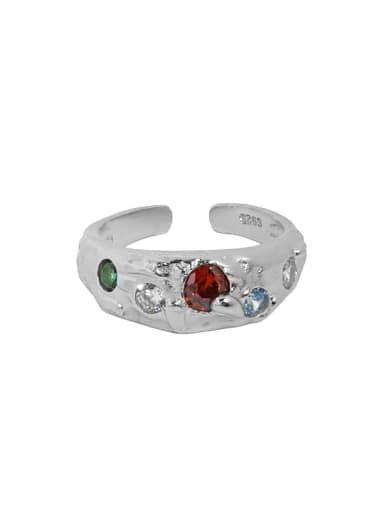 White gold [red stone] 925 Sterling Silver Glass Stone Irregular Vintage Band Ring