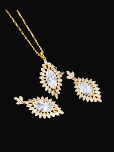 Golden Brass Cubic Zirconia Luxury Geometric Earring and Necklace Set