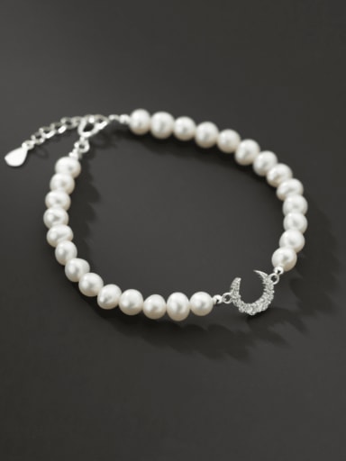 925 Sterling Silver Freshwater Pearl Moon Minimalist Beaded Bracelet