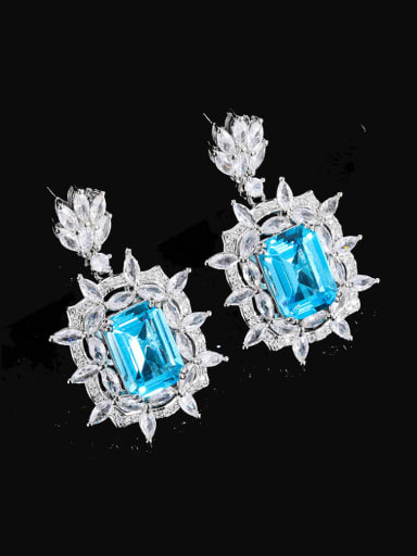 Sea Blue Treasure Ear Studs Brass Cubic Zirconia Luxury Geometric  Earring Ring and Necklace Set
