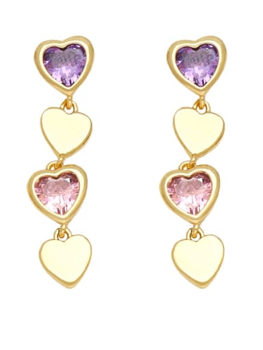 Purple +Pink Brass Cubic Zirconia Heart Minimalist Drop Earring