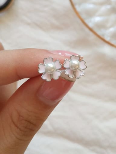 925 Sterling Silver Imitation Pearl White Enamel Flower Minimalist Stud Earring