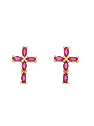Rose red Brass Cubic Zirconia Cross Minimalist Stud Earring