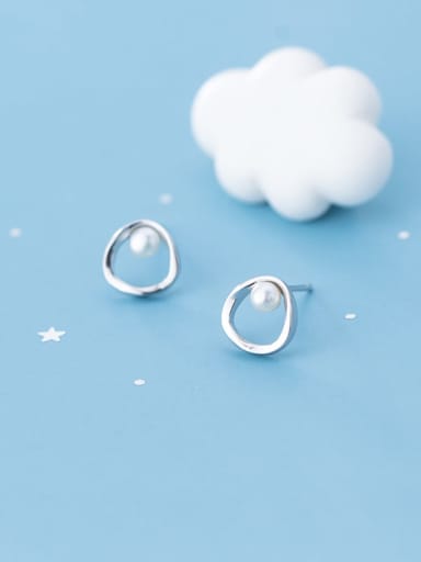925 Sterling Silver Imitation Pearl White Geometric Minimalist Stud Earring