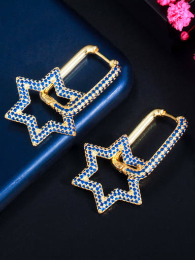 Golden Blue Brass Cubic Zirconia Geometric Luxury Huggie Earring