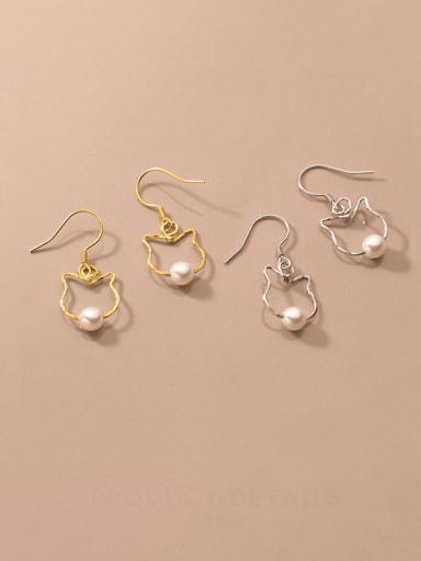 925 Sterling Silver Imitation Pearl Cat Minimalist Hook Earring