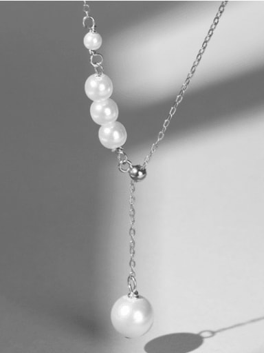 NS704  Platinum 925 Sterling Silver Imitation Pearl Tassel Minimalist Lariat Necklace