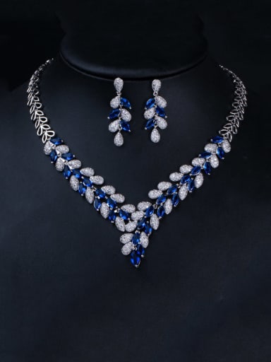 blue Brass Cubic Zirconia Luxury Leaf  Earring and Necklace Set
