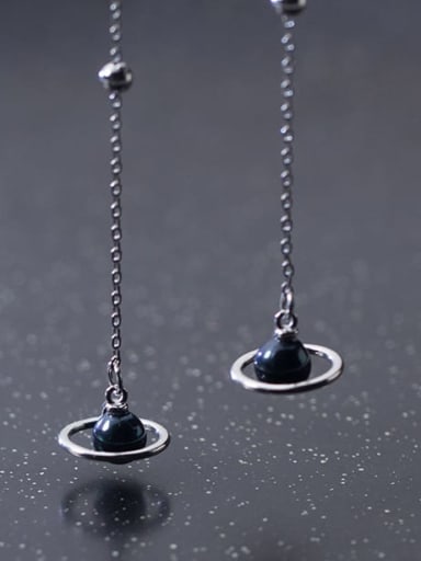 925 Sterling Silver Imitation Pearl Black Tassel Minimalist Threader Earring