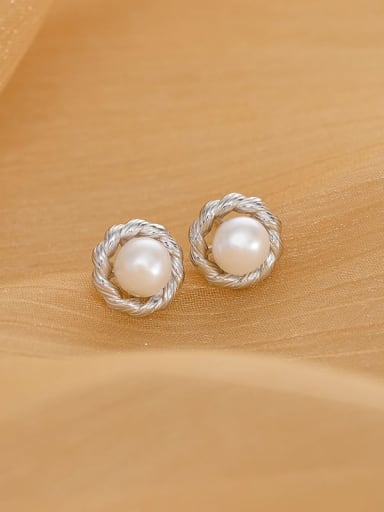 ES2034 ? Platinum ? 925 Sterling Silver Imitation Pearl Geometric Minimalist Stud Earring