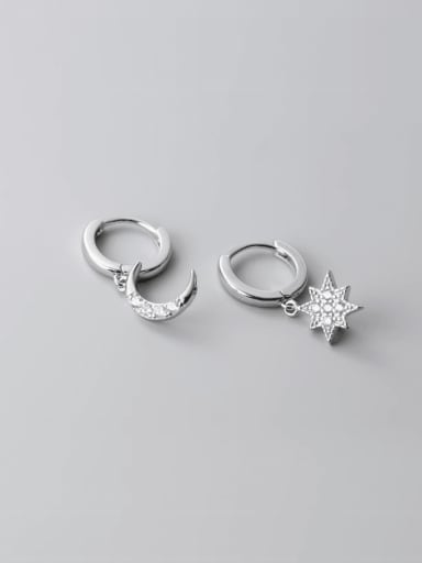 Silver 925 Sterling Silver Cubic Zirconia Asymmetrical  Star Moon Dainty Huggie Earring