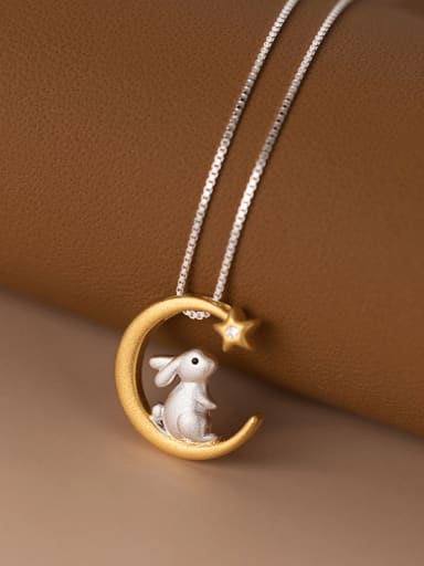 925 Sterling Silver Rabbit Minimalist Moon Pendant Necklace
