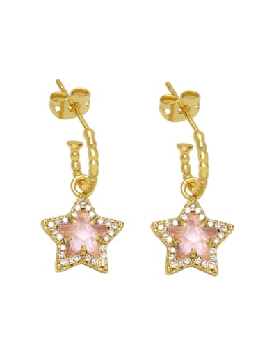 Pink Brass Glass Stone Five-Pointed Star Vintage Hook Earring
