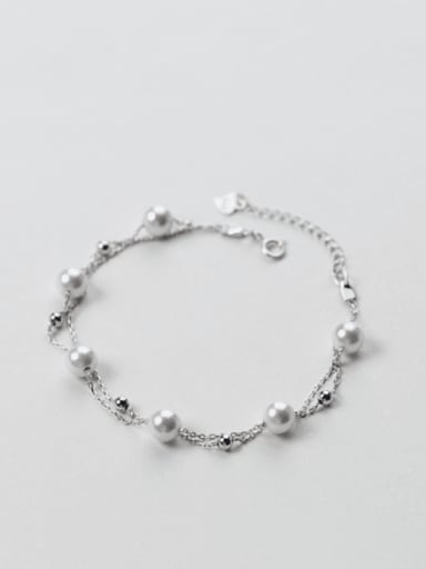 925 Sterling Silver Imitation Pearl Round Minimalist Strand Bracelet