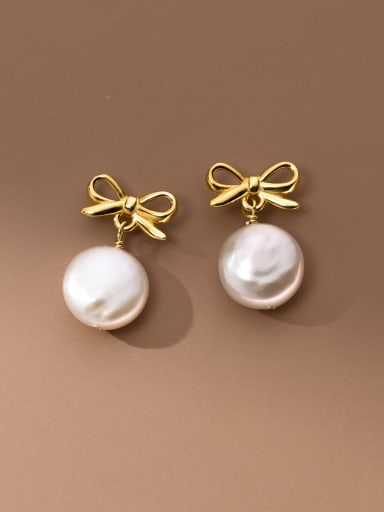 925 Sterling Silver Imitation Pearl Bowknot Minimalist Drop Earring