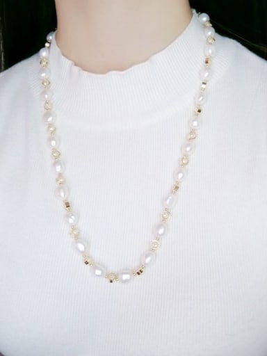 Brass Freshwater Pearl Geometric Minimalist Long Strand Necklace