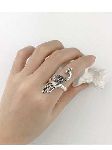 Vintage Sterling Silver With Antique Silver Plated Vintage Phoenix Peacock Free Size Rings