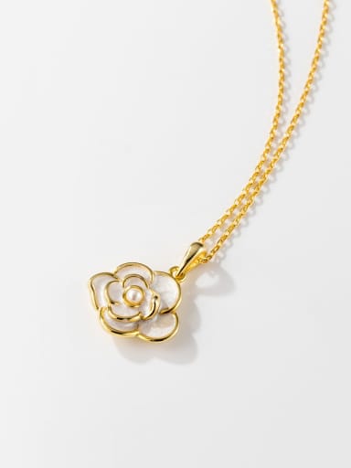 925 Sterling Silver Imitation Pearl Enamel Flower Minimalist Necklace