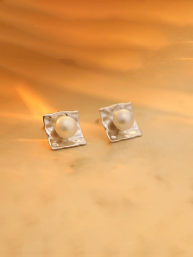 ES2593 ? Platinum ? 925 Sterling Silver Imitation Pearl Square Minimalist Stud Earring
