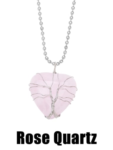 Pink Crystal Rose Quartz Brass Natural Stone Heart Vintage Necklace