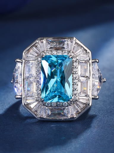 Sea Blue Treasure Ring Brass Cubic Zirconia Geometric Luxury Band Ring