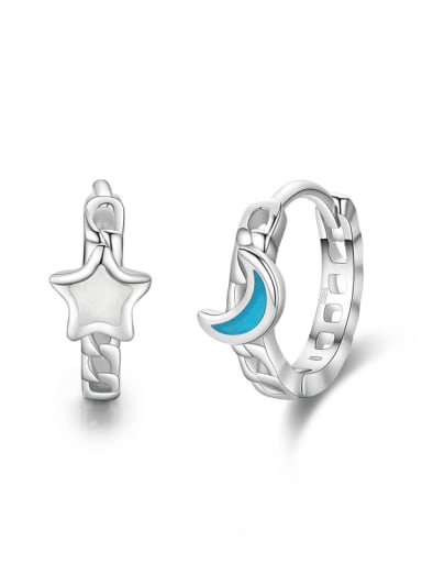 925 Sterling Silver Enamel Asymmetrical Star Moon Minimalist Huggie Earring