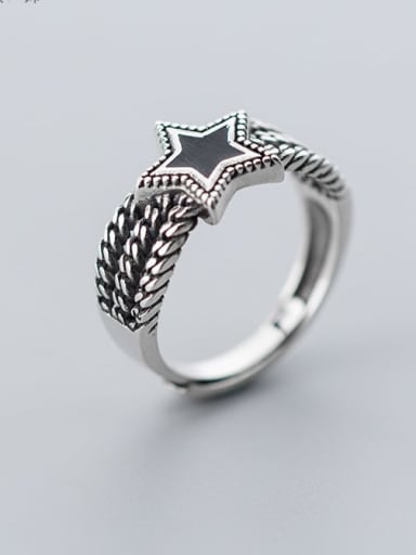 925 Sterling Silver Enamel Black Star Vintage Free Size Ring