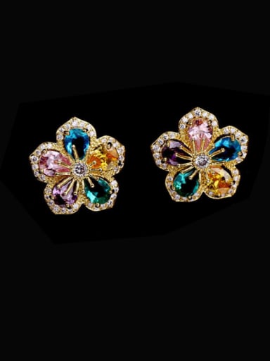 Golden+ colorful Brass Cubic Zirconia Flower Luxury Stud Earring