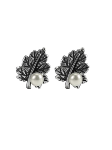 925 Sterling Silver Imitation Pearl Leaf Vintage Stud Earring