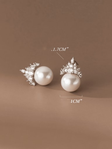 Silver 925 Sterling Silver Imitation Pearl Crown Minimalist Stud Earring