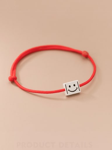 925 Sterling Silver Smiley Minimalist Ethnic Braided, Red Rope Adjustable Bracelet