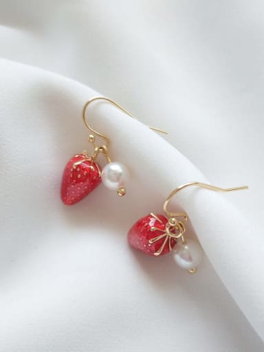 925 Sterling Silver Red Enamel Friut Strawberry  Cute Hook Earring