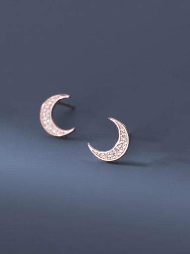 Rose Gold 925 Sterling Silver Cubic Zirconia Moon Cute Stud Earring