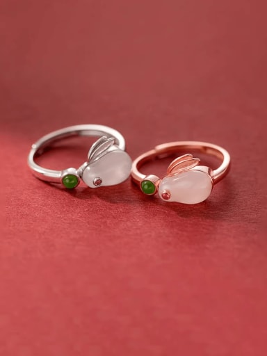custom 925 Sterling Silver Jade Rabbit Cute Band Ring