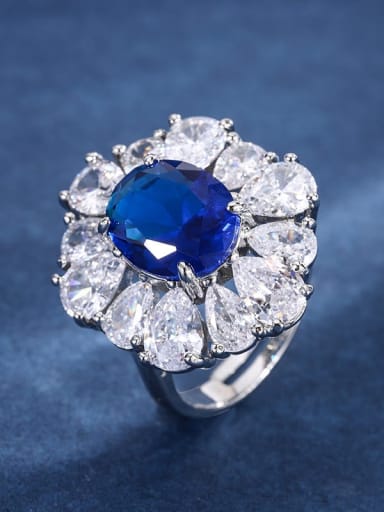 Blue Treasure Ring Adjustable Brass Cubic Zirconia Luxury Geometric Earring Bracelet and Necklace Set