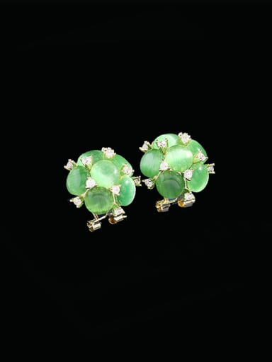 green Brass Cats Eye Flower Minimalist Stud Earring