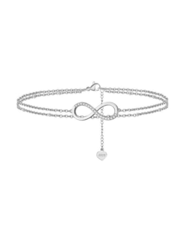 platinum 925 Sterling Silver Heart Minimalist  Double Layer Chain Anklet
