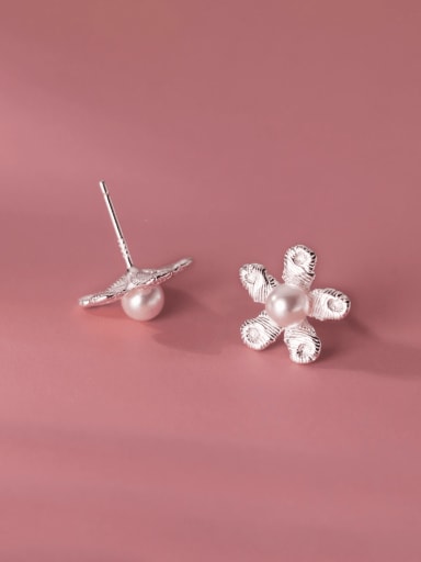 925 Sterling Silver Imitation Pearl Flower Trend Stud Earring