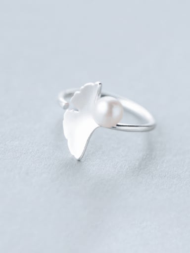 925 Sterling Silver Imitation Pearl Leaf Minimalist Band Ring