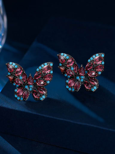 Gun Black+ Rose Red Brass Cubic Zirconia Multi Color Butterfly Luxury Cluster Earring